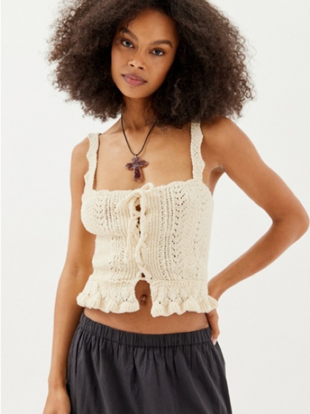 Urban Outfitters Carmella Lace Up Sweater Tank Cream Crochet Knit XS